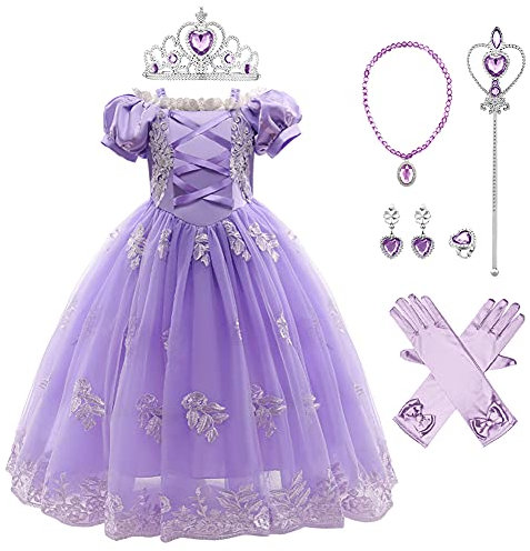 IBAKOM Enfants Filles D?guisement Raiponce Robe Hors ?paule Princesse Anniversaire Carnaval No?l Halloween Mariage Dentelle Tulle Robe Longue Costumes halloween Violet-03 4-5 Ans