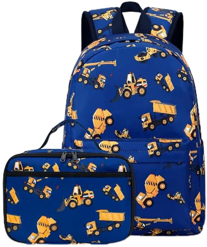 CAMTOP Backpack for Kids, Boys Girls Preschool Backpacks with Lunch Box Toddler Kindergarten School Bookbag Set, Y0110-2 Engineering Vehicle-navy Blue, 15(L)x11.8(H)*5.1(W), School Bookbag Set