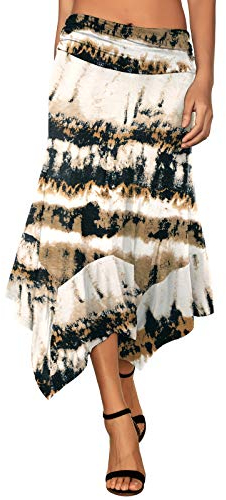DJT Damen Elastisch Plissierte Taille Elegant Rock A-Linie Faltenrock Midi Rock mit Taschentuch Saum Tie Dye Khaki XL