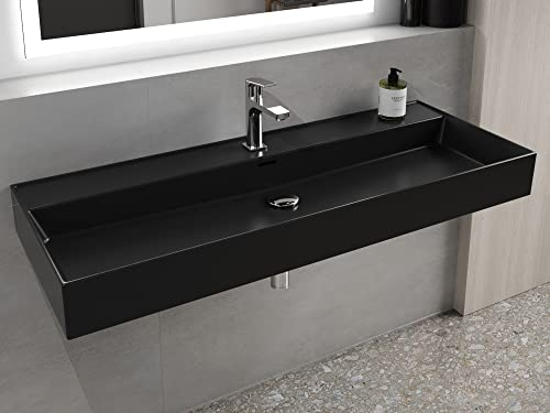 Aqua Bagno | Eckiges Waschbecken in matt schwarz, Waschtisch aus Keramik, schmales Wand Waschbecken | 121 x 46 cm