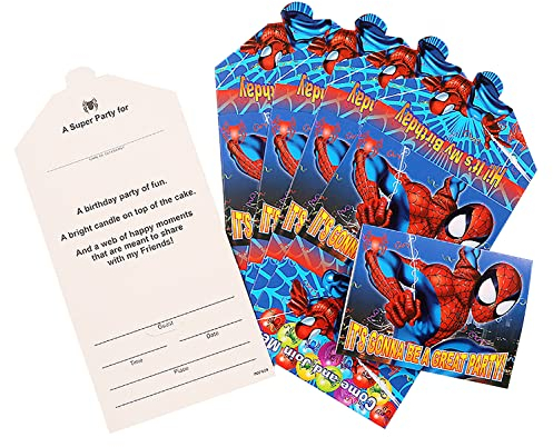 Qemsele Einladungskarten Kindergeburtstag, 24 Stück Einladung Mädchen Jungs Geburtstag Einladungskarte Englisch Kinder Geburtstagseinladungen Mitgebsel Themenparty lädt ein (Spiderman)