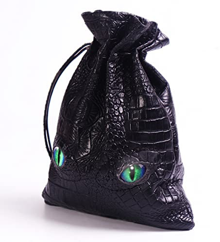 Byhoo DND Dice Bag, Black Dice Bag can Hold 6 DND Dice Sets, Fire Dragon Leather Coin Bag, Glows Green Light in Eyes, Suitable for DND Board Games, Fantasy RPG Game Accessories, Dice Not Included
