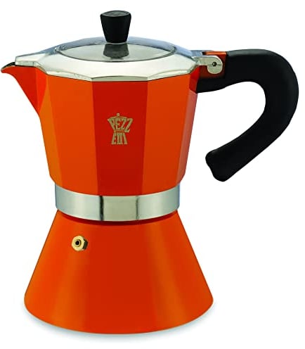 Pezzetti, Bellexpress Cafetière 6 tasses en aluminium alimentaire, couvercle en plastique transparent, joint en silicone alimentaire, poignée résistante à la chaleur ; pour plaques à induction, orange