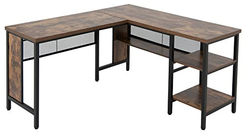 COSTWAY L-Shaped Computer Desk, Industrial Large Corner Writing Workstation PC Laptop Table with 3 Storage Shelves, Metal Frame Wooden Home Office Study Gaming Desk, 150 x 140 x 75cm (Rustic Brown)