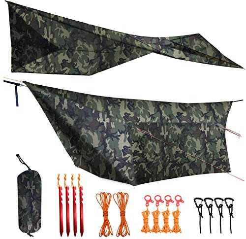 Onewind Camouflage-Campingplane, 3,6 x 3 m, leichte wasserdichte Hängematte, Regenplane für Tarnung, Camping, Armee, Militär, Bushcraft, einfach aufzubauen mit Heringen und Abspannleinen, Camouflage
