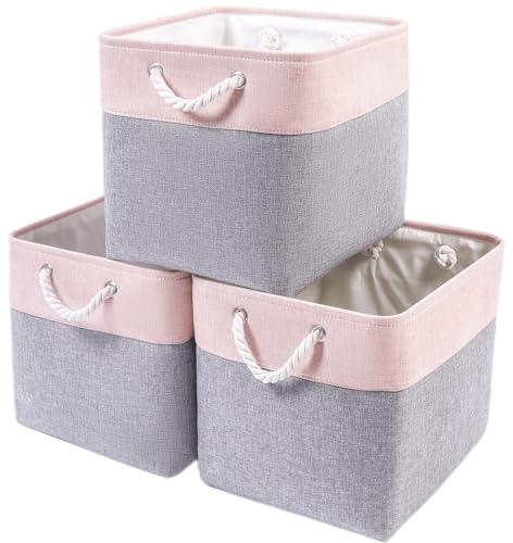 Mangata Lot de 3 grands paniers de rangement pliables en tissu pour organiser les vêtements, étagère, placard de chambre d'enfant, 33 x 38 x 33 cm (gris/rose)