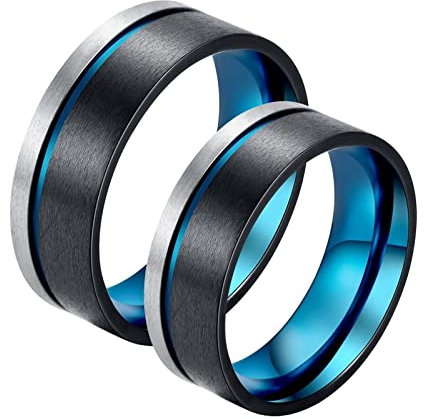 Homxi Paarringe Gravur 2 Stück,Eheringe Paar Edelstahl 8MM Schwarz Blau Silber Ring mit Rund Gebürstet Trauringe Paar Damen 57 (18.1) + Herren 70 (22.3)