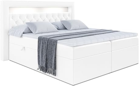 ALTDECOR Boxspringbett mit LED, Multipocket-Matratze H4 (21 cm hoch) mit + PUR + Kokosmatte, Topper (4 cm hoch), Polsterbett mit Kopfteil und Bettkasten - Noel Gold - 140x200 - Weiß Kunstleder