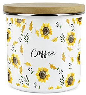 Purely Home Yellow Sunflowers Coffee Storage Canister - White Metal Enamel Kitchen Food Storage Container
