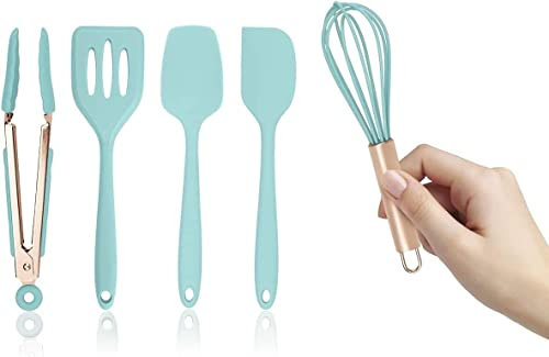 OIDESA Ensemble d'ustensiles de Cuisine, Ensemble d'ustensiles de Cuisine Ensemble de Cinq ustensiles de Cuisine en Silicone Aqua et Rose Gold Mini