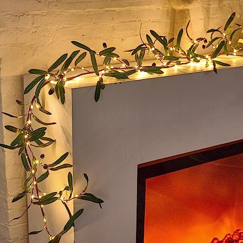 Bexdir Artificial Olive Vine Lights with Timer 6ft 72LED, Olive Tree for Walls Greenery Garland Twig for Home Mantle Holiday Christmas Decor Indoor Outdoor with Timer - Battery Operated