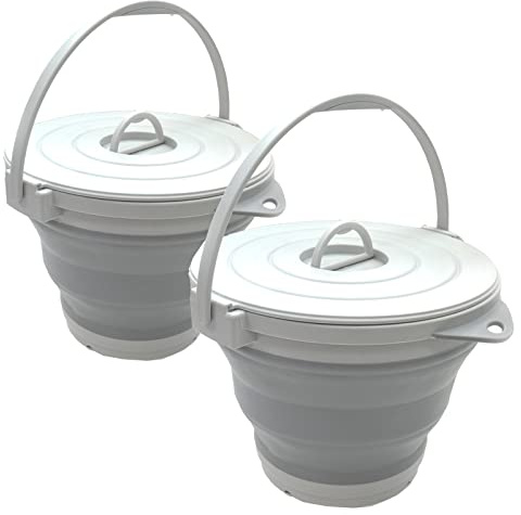 SAMMART 10L Collapsible Fishing Bucket with Locking Lid - Foldable Round Tub - Portable Plastic Water Pail - Space Saving Outdoor Waterpot (Grey (Set of 2))