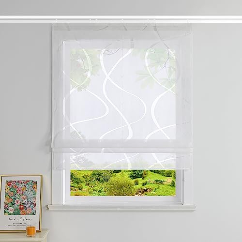 Heichkell Raffrollo mit Klettband Ausbrenner Design Transparent Vorhang Rollo ohne Bohren Schiene Raffgardine Modern Weiß BreitexHöhe 80x140 cm