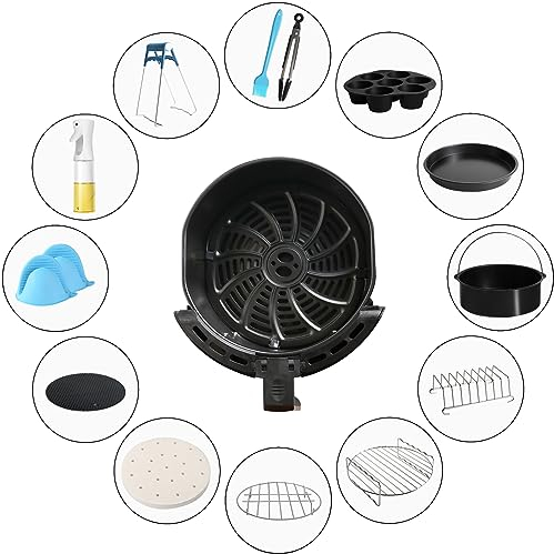 Air Fryer Accessories (8 Inch Round Pan) for Tower Chefman Ninja Philips AirFryer,13 pcs Deluxe Air Fryer Accessory Set Suitable for 4.2L~6LTower Airfryers,No-BPA Dishwasher Safe Nonstick