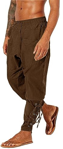 LVCBL Herren Mittelalter Hose Leinenhose Retro Piraten Schnürhose Freizeithose