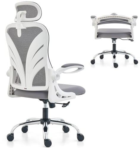 HOLLUDLE Ergonomischer Bürostuhl mit Klappbarer Rückenlehne, Schreibtischstuhl mit 2D Kopfstütze, Hochklappbaren Armlehnen und Mesh Lendenwirbelstütze Drehstuhl Computerstuhl, Weiß