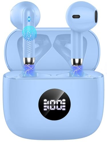 Wireless Earbuds, Bluetooth 5.4 Headphones in Ear with 4 ENC Noise Cancelling Mic, Bluetooth Earbuds 40H Playtime, HiFi Stereo Deep Bass Wireless Earphones IP7 Waterproof, USB-C Fast Charge Light Blue