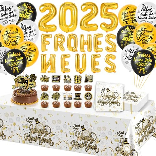 HOWAF Silvester Deko 2025, Frohes Neues Jahr 2025 Ballon Luftballons Silvester Luftballons Happy New Year Servietten Silvester Tischdecke Cupcake Topper Silvester Tischdeko Neujahrsdeko Supplies