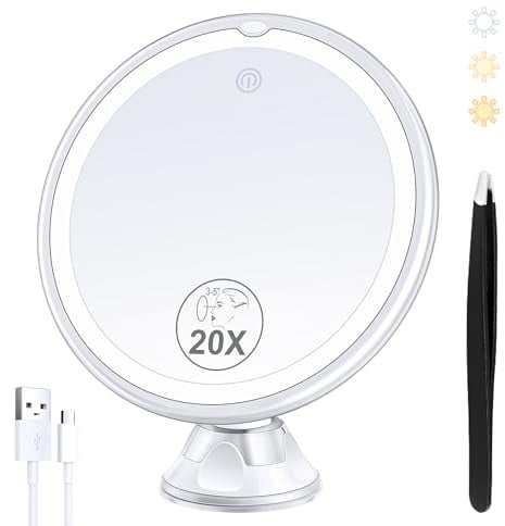 MIYADIVA 2025 Upgraded Rechargeable 20X Magnifying Mirror with 3 Color Light, 8 inches 360° Rotating Makeup Mirror with Suction Cup and Tweezers, Suitable for Desktop and Bathroom