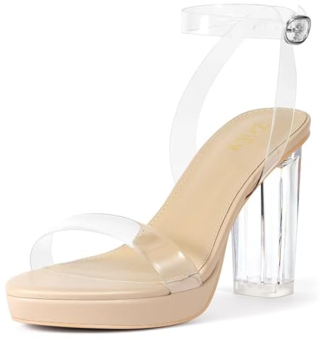 ZriEy 4-Inch Platform Clear High Heels for Women Block Chunky Heeled Sandals Open Toe Ankle Strap Heels Wedding Party Evening Prom Dress Pump Sandal Shoes