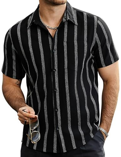 VATPAVE Mens Summer Striped Shirts Button Down Short Sleeve Vintage Beach Hawaiian Shirts with Pocket Large Black Fashion
