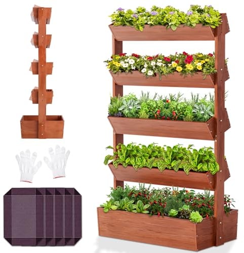 SUNYRISY Holz Hochbeet Vertikalbeet Premium Blumenkasten Balkon, 5 Etagen Outdoor Blumentreppe Pflanztreppen Gemüsebeet Kräuterbeet Mit Etagen, Balkon Garten Terrasse Dekoration