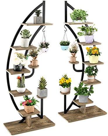 COSTWAY 8-Tier Tall Plant Stand, Curved Half Moon Ladder Display Rack with Top Hook & Anti-Toppling Device, Metal Flower Shelf Pot Holder for Indoor Outdoor Balcony Garden Yard (2 PCS, Brown + Black)