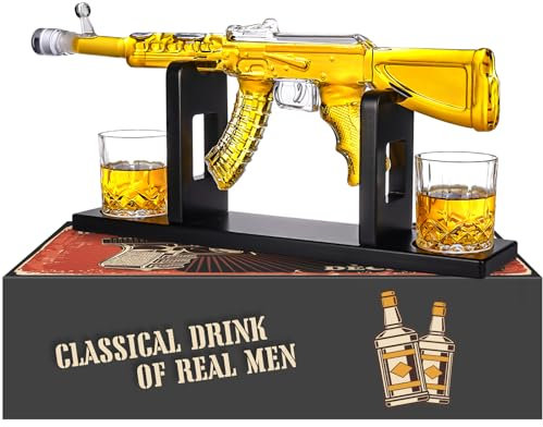Whiskey Decanter AK47 Set with 2 Whiskey Glasses, Gifts for Men Dad, Unique Anniversary Birthday Gift for Him Husband, Cool Personalized Presents liquor dispenser for Home Bar (12 Oz)