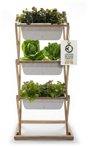 URBANATURE Vertikales Balkonbeet mit 3 Kästen | Premium Bewässerungssystem, Holz Robinie, Großer Wasserspeicher, V-förmige Pflanzkästen aus Outdoor Kunststoff