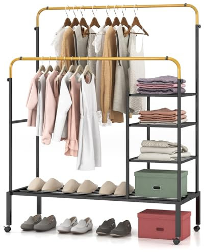 GOPLUS Portant a Vetement avec Étagères à Chaussures, Porte Manteau en Métal, 2 Barres de Suspension Réglables, 4 Roulettes, 135 x 54 x 170 cm, Charge MAX. 100 kg, pour Chambre, Salon, Entrée(Noir+Or)