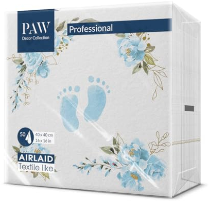 PAW - Servietten aus Airlaid - Stoffähnlich (40 x 40 cm) I 50 Stück I Ideal für Geburtstag, Taufe, Kommunion, Babyparty I Hochwertige Tischdeko Stoffservietten - Blaue Füße I Baby Feet light pink
