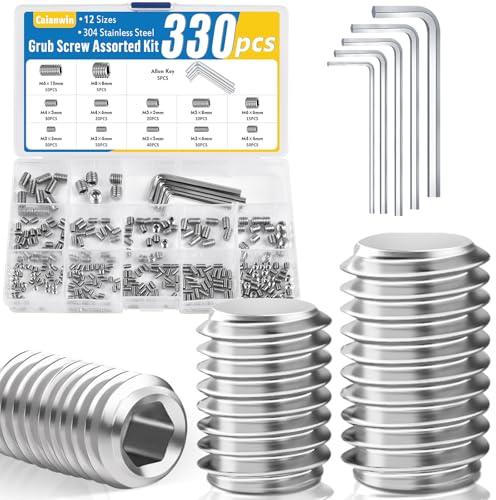 Caianwin Juego de 330 tornillos prisioneros M3, M4, M5, M6, M8, hexágono interior, tornillos con llave de acero inoxidable, cabeza hexagonal para tiradores de puertas, manija de puerta, soporte
