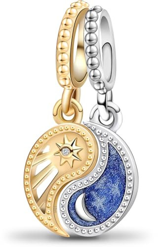 Sterling Silber S925 Gold Silver Teilbarer Sonne Mond Charms & Beads für Damen,Blume Schildkröte Moments Unendlichkeitsbaum Charm Anhänger Set für Armbänder,Sicherheitskette,Geschenk für Frauen