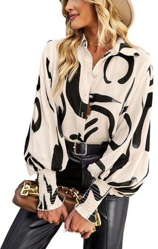 HUXRAKV Camisas con Botones Mujer Blusa Casual Camiseta Manga Larga Elegante Camisas Estampadas Cuello en V Primavera Otoño T Shirt Tops,A-Beige,XL