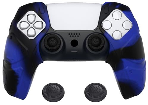 PlayVital Funda de Silicona por Separado para ps5 Control Protector de Goma Ergonómica con Tapas de Joysticks para ps5 Mando-Compatible con Estación de Carga(Edición Mecha-Azul Negro)