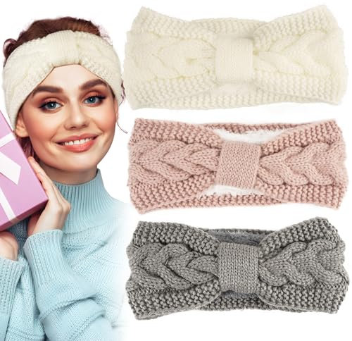 BOOMTOP 3 Stück Stirnband Damen Winter Stirnbänder Mädchen Strick Gefüttert Fleece Haarband Gestrickt Stirnband Elastische Kopfband Ohrenwärmer Frauen Winter Herbst Haarschmuck Beige Rosa Grau
