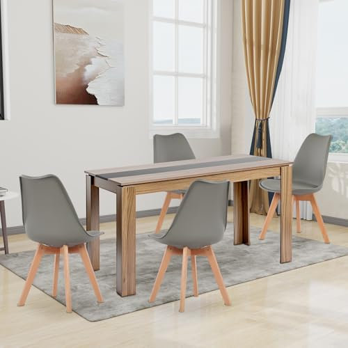 FURNITABLE Esstisch mit 4 Stühlen Esszimmergruppe, 4er Set Esszimmerstühle und 140CM Rechteckig Holztisch Essgruppe für Wohnzimmer Küche Büro (Walnuss-Schwarz Tisch+4 Grau Stühle)