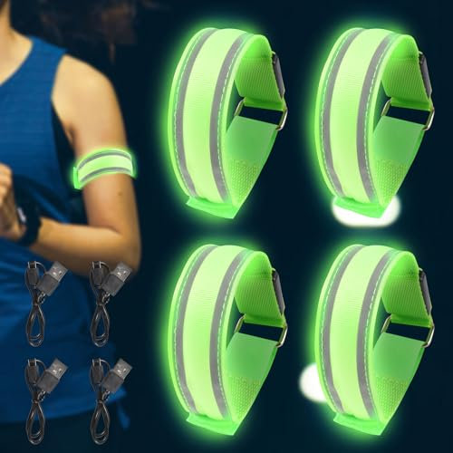 4 Stück LED Armband Aufladbar, Reflective LED Armbänder Nylon Reflektorband Reflective Band Led Armbänder Leuchtband Kinder Reflektorbänder für Kinder Erwachsene Laufen, Joggen und Radfahren