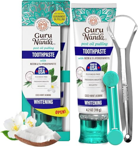 GuruNanda Hydroxyapatite Toothpaste, SLS & Fluoride Free, Whitening Toothpaste with Tongue Scraper & Squeezer - Freshens Breath, Fights Plaque - Natural CocoMint Jasmine Neem, 124 ml