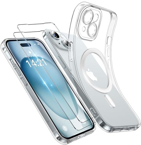 Opkiegrn 3-in-1 Magnetisch Handyhülle Kompatibel mit iPhone 15 Hülle Kompatibel mit MagSafe Kabellosem Laden, Militärschutz Kratzfest Fallschutz TPU Schutzhülle Durchsichtig Case