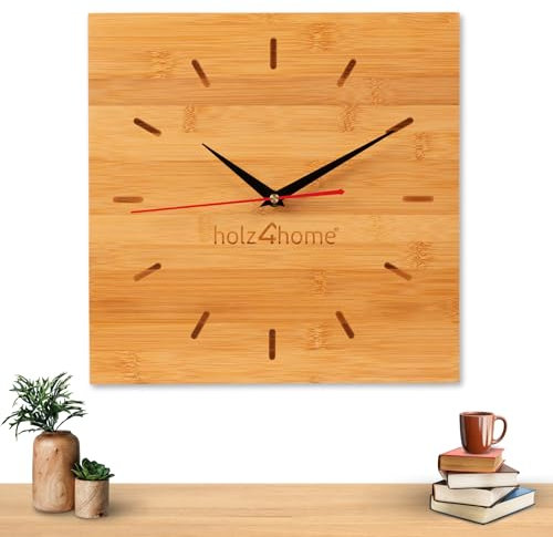 holz4home® Wanduhr Bambus ohne Tickgeräusche I Moderne Uhr aus Holz Quadratisch mit Quarzuhrwerk I Holzuhr für Wohnzimmer Küche Flur Büro (30 cm)