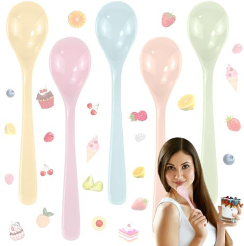 ZRUZUU 5 PCS Cuillère en Plastique Alimentaire Colorée, Set de Cuillères Durables Café, Cuillères à Confiture, Cuillères à Soupe, Cuillères à Dessert pour Yaourt, Smoothie, Salade, œufs (5 Couleurs)
