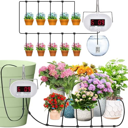 Sistema di irrigazione automatico per balcone da giardino, 2200 mAh, sistema di irrigazione automatica con pantaloni a goccia, sistema di irrigazione a goccia USB-C ricaricabile, con 15 punte a goccia