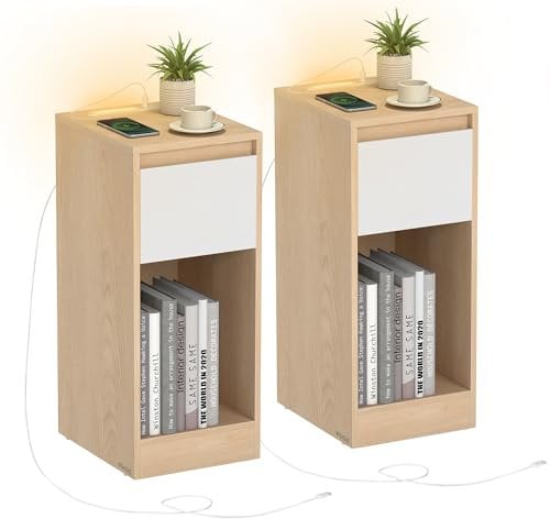 VASAGLE Nachttisch 2er Set, schmal, Beistelltisch, LED-Beleuchtung, 1 USB-A-Anschluss, 1 USB-C-Anschluss, Schublade, offenes Fach, für Schlafzimmer, Wohnzimmer, mandelgelb-wolkenweiß LET710Y01