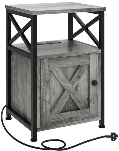 YITAHOME Multipurpose Side Table, Bedside Table with Storage Cabinet, X-Shaped Sofa End Table with Integrated Charging Station, 2 USB Ports & Power Outlets, Metal Frame, Grey, 40x35x60cm