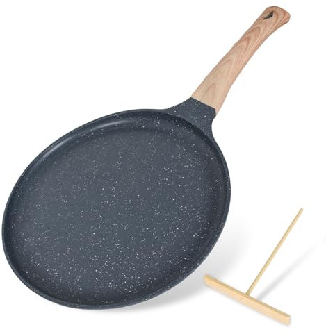 Dokeno Padella per Crepes Ø24cm, con Maniglia Rimovibile, Rivestimento in Pietra Medica Antiaderente, Crepiera con Distributore di Impasti, Padella Pancake Antiaderente, senza PFOA (Grigio)