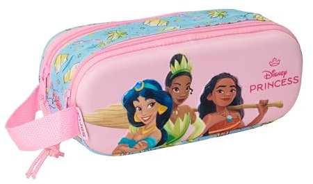 Principesse Disney 3D - Astuccio doppio 3D, astuccio per bambini, ideale per bambini in età scolastica, comodo e versatile, qualità e resistenza, 21 x 6 x 8 cm, Rosa chiaro/Celeste, M, Casual