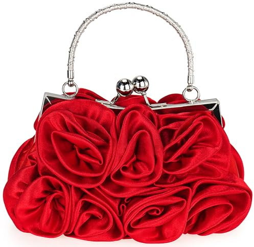 Initlove Satin Flower Clutch Bags for Women Rose Evening Prom Purse Bridal Handbag for Wedding Red
