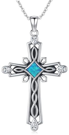 CRWENG Kreuz Anhänger 925 Sterling Silber Blauem Opal Anhänger Elegante Tropfen Öl Kreuzkette als Religiöses Geschenk für Frauen & Männer, Taufe, Kommunion, Geburtstag(C)