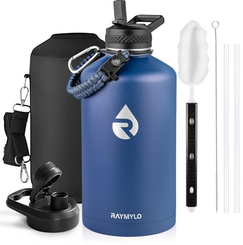 RAYMYLO One Gallon Water Bottle Insulated, Triple Walled Vacuum Stainless Steel (Cold for 48 Hrs), Leak Proof & Non-BPA, Large Water Flask Jug with Paracord Handle & Straw Spout Lids